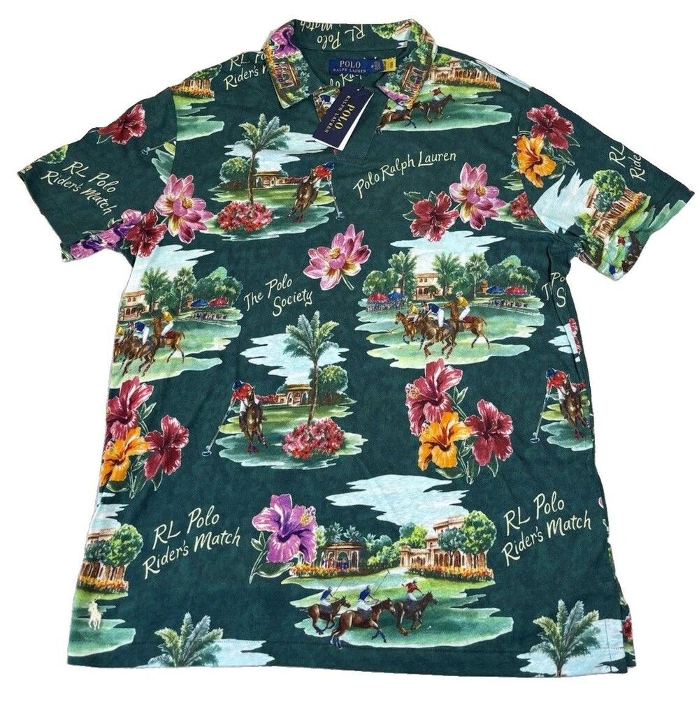 NWT Polo Ralph Lauren Floral Paradise Player AOP Linen Blend Green Shirt Size M